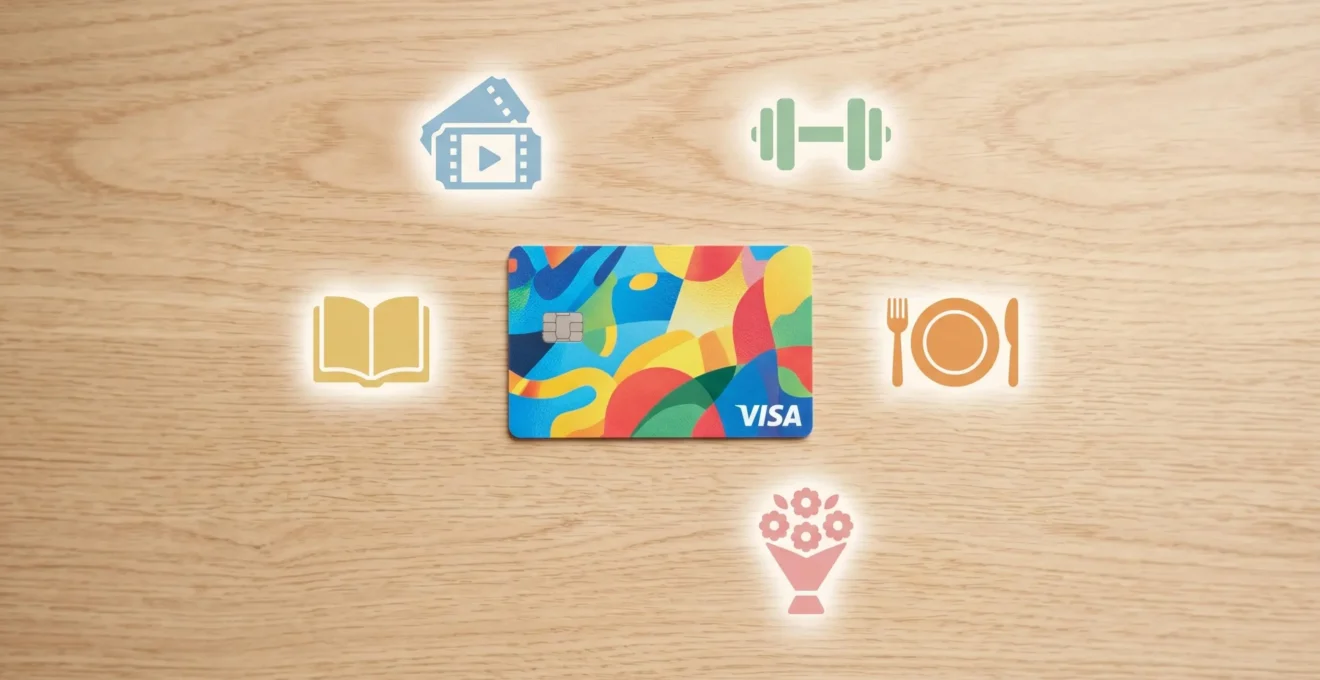 Carte prépayée représentant la cagnotte Flex avec les symboles des commerces acceptés.