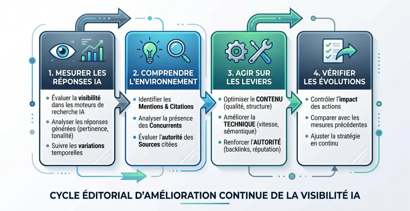 Schéma de la chaîne GEO : mesurer, comprendre, agir puis vérifier
