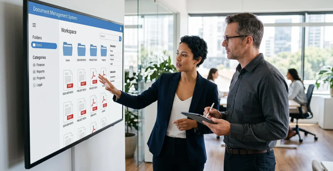 Équipe consultant des documents sur une interface GED sécurisée