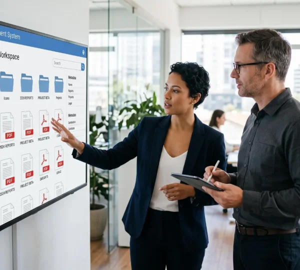 Équipe consultant des documents sur une interface GED sécurisée