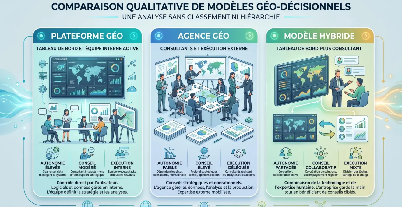 Comparaison visuelle entre plateforme GEO, agence GEO et modèle hybride