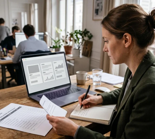 Responsable marketing comparant des réponses anonymisées sur un écran