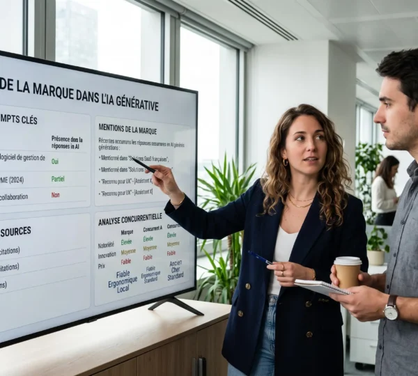 Équipe marketing analysant la visibilité d'une marque dans plusieurs interfaces d'IA générative